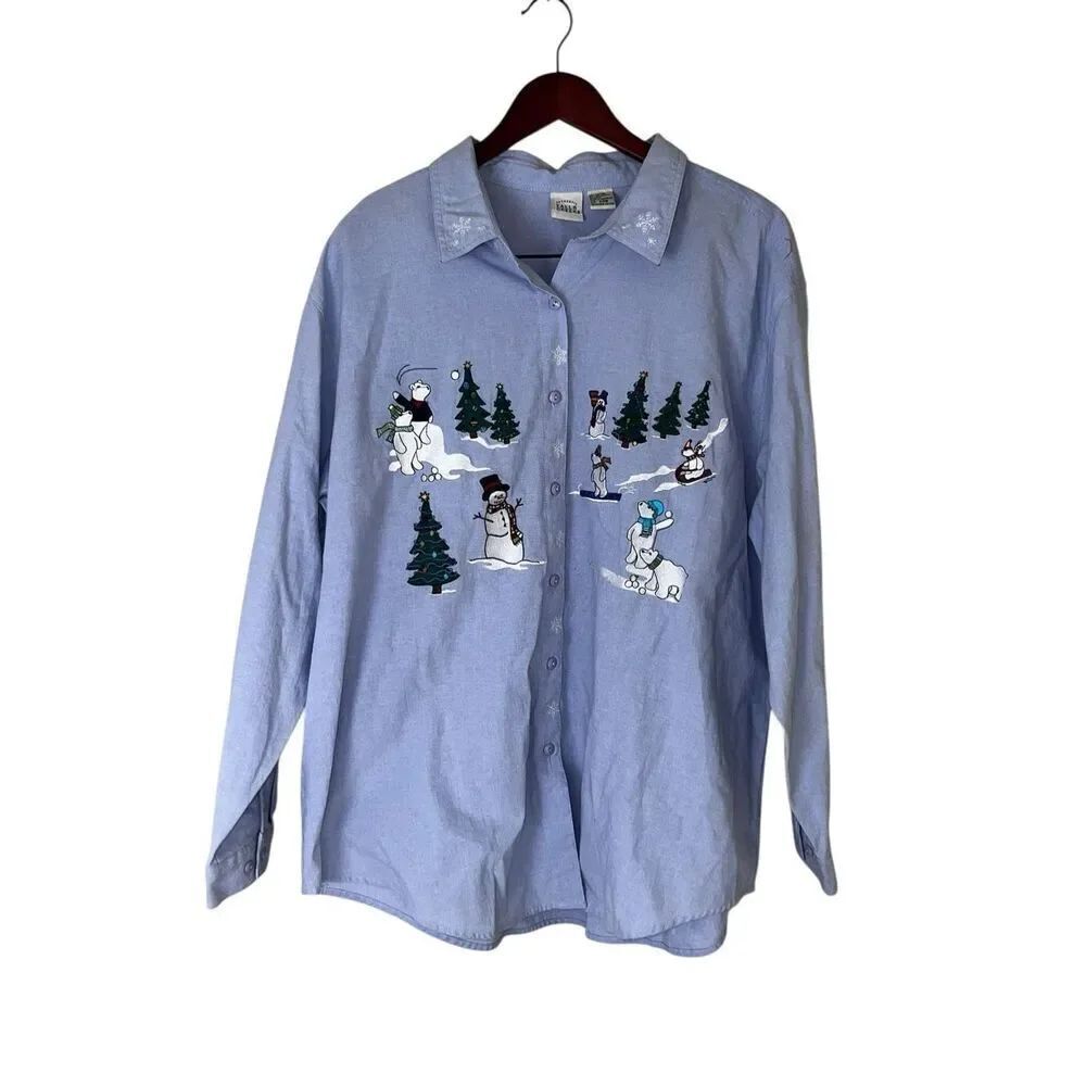 Falls Creek Women 24W Blue Long Sleeve Winter Scene holiday Tree Button Blouse